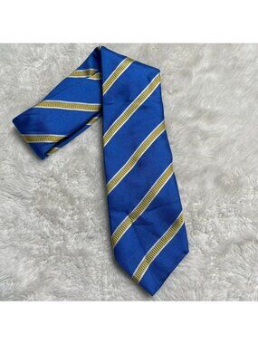 THOMAS PINK Men's Silk Tie Royal Blue Gold Grey Sky Striped Woven England Luxury